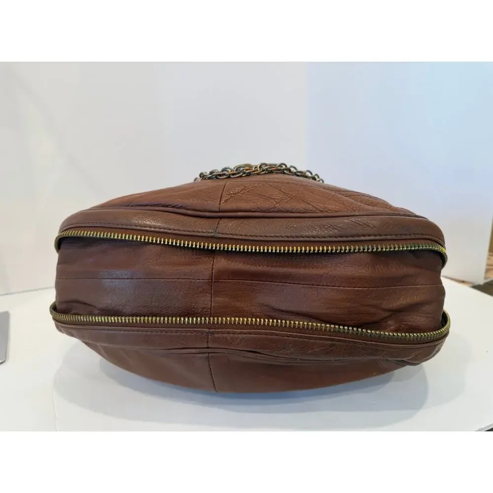 Halogen Brown Leather Medium Chain Accent Expanding Crossbody Purse‎ Bag